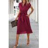 image:imageECOWISH Womens Casual Midi Dresses Solid V Neck Short Sleeve Button Shirt Belted Dress with Pockets for Spring Summer 2026Awine Red