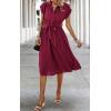image:imageECOWISH Womens Casual Midi Dresses Solid V Neck Short Sleeve Button Shirt Belted Dress with Pockets for Spring Summer 2026Awine Red