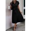 image:imageECOWISH Womens Casual Midi Dresses Solid V Neck Short Sleeve Button Shirt Belted Dress with Pockets for Spring Summer 2026Bblack