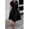 image:imageECOWISH Womens Casual Midi Dresses Solid V Neck Short Sleeve Button Shirt Belted Dress with Pockets for Spring Summer 2026Bblack