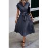 image:imageECOWISH Womens Casual Midi Dresses Solid V Neck Short Sleeve Button Shirt Belted Dress with Pockets for Spring Summer 2026Bgray Blue