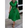 image:imageECOWISH Womens Casual Midi Dresses Solid V Neck Short Sleeve Button Shirt Belted Dress with Pockets for Spring Summer 2026Bgreen
