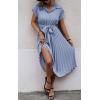 image:imageECOWISH Womens Casual Midi Dresses Solid V Neck Short Sleeve Button Shirt Belted Dress with Pockets for Spring Summer 2026Blight Blue