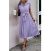image:imageECOWISH Womens Casual Midi Dresses Solid V Neck Short Sleeve Button Shirt Belted Dress with Pockets for Spring Summer 2026Blilac