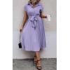 image:imageECOWISH Womens Casual Midi Dresses Solid V Neck Short Sleeve Button Shirt Belted Dress with Pockets for Spring Summer 2026Blilac