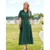 image:imageECOWISH Womens Midi Dress Summer Casual A Line Maxi Shirt Dresses Spring Short Sleeve Button Front V Neck Pockets Work DressGreen