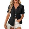 image:imageECOWISH Womens Button Down Shirt  Peter Pan Collar Cotton Blouse Summer Dressy Short Sleeve Loose Fit Work TopsBlack
