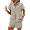 image:imageECOWISH Womens Summer 2 Piece Outfit VNeck Babydoll Top amp Shorts Set Lightweight Lounge Set for Beach Vacation Casua WearBeige