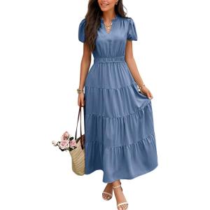 image:imageECOWISH Summer Maxi Dress for Women Casual Flowy V Neck Short Sleeve A Line Empire Waist Tiered Long Dresses with Pockets25gray Blue