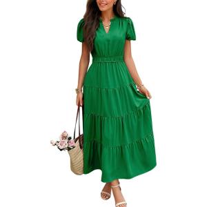 image:imageECOWISH Summer Maxi Dress for Women Casual Flowy V Neck Short Sleeve A Line Empire Waist Tiered Long Dresses with Pockets25green