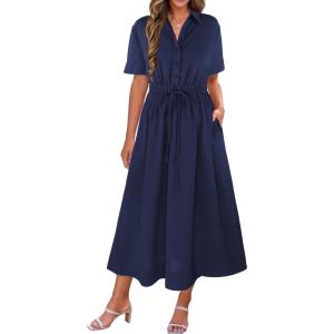 image:imageECOWISH Summer Maxi Dress for Women Casual Flowy V Neck Short Sleeve A Line Empire Waist Tiered Long Dresses with PocketsNavy Blue