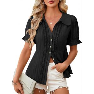 image:imageECOWISH Womens Button Down Shirt  Peter Pan Collar Cotton Blouse Summer Dressy Short Sleeve Loose Fit Work TopsBlack