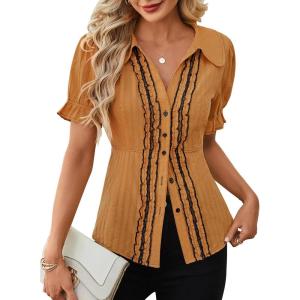 image:imageECOWISH Womens Button Down Shirt  Peter Pan Collar Cotton Blouse Summer Dressy Short Sleeve Loose Fit Work TopsOrange