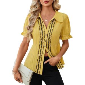 image:imageECOWISH Womens Button Down Shirt  Peter Pan Collar Cotton Blouse Summer Dressy Short Sleeve Loose Fit Work TopsYellow