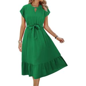 image:imageECOWISH Womens Casual Midi Dresses Solid V Neck Short Sleeve Button Shirt Belted Dress with Pockets for Spring Summer 2026449 Green