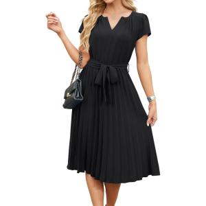 image:imageECOWISH Womens Casual Midi Dresses Solid V Neck Short Sleeve Button Shirt Belted Dress with Pockets for Spring Summer 2026499 Black