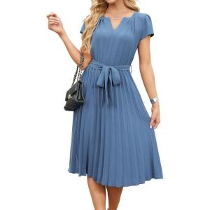 image:imageECOWISH Womens Casual Midi Dresses Solid V Neck Short Sleeve Button Shirt Belted Dress with Pockets for Spring Summer 2026499 Grey Blue