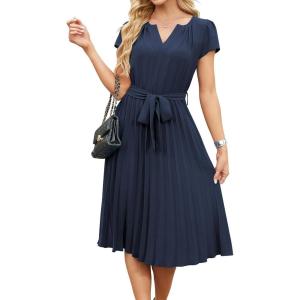 image:imageECOWISH Womens Casual Midi Dresses Solid V Neck Short Sleeve Button Shirt Belted Dress with Pockets for Spring Summer 2026499 Navy Blue