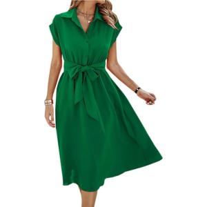 image:imageECOWISH Womens Casual Midi Dresses Solid V Neck Short Sleeve Button Shirt Belted Dress with Pockets for Spring Summer 2026Agreen