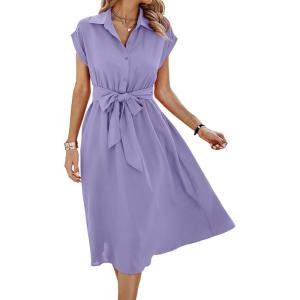 image:imageECOWISH Womens Casual Midi Dresses Solid V Neck Short Sleeve Button Shirt Belted Dress with Pockets for Spring Summer 2026Alilac