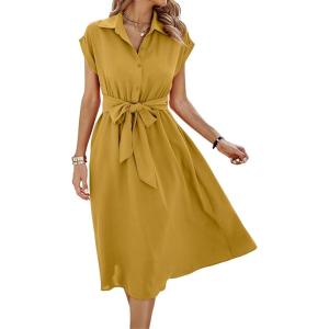 image:imageECOWISH Womens Casual Midi Dresses Solid V Neck Short Sleeve Button Shirt Belted Dress with Pockets for Spring Summer 2026Amustard