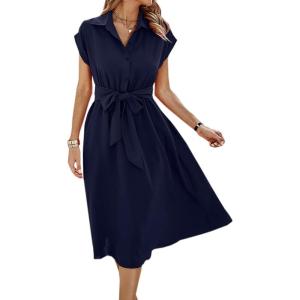 image:imageECOWISH Womens Casual Midi Dresses Solid V Neck Short Sleeve Button Shirt Belted Dress with Pockets for Spring Summer 2026Anavy Blue