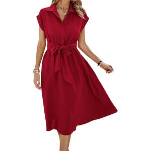 image:imageECOWISH Womens Casual Midi Dresses Solid V Neck Short Sleeve Button Shirt Belted Dress with Pockets for Spring Summer 2026Ared