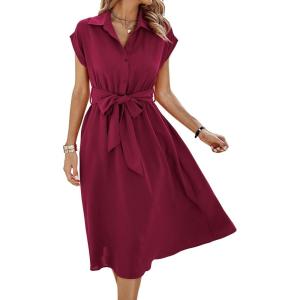 image:imageECOWISH Womens Casual Midi Dresses Solid V Neck Short Sleeve Button Shirt Belted Dress with Pockets for Spring Summer 2026Awine Red