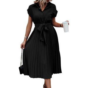 image:imageECOWISH Womens Casual Midi Dresses Solid V Neck Short Sleeve Button Shirt Belted Dress with Pockets for Spring Summer 2026Bblack