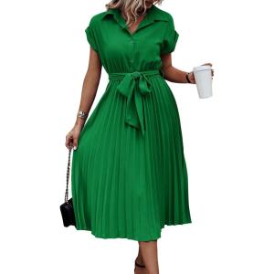 image:imageECOWISH Womens Casual Midi Dresses Solid V Neck Short Sleeve Button Shirt Belted Dress with Pockets for Spring Summer 2026Bgreen