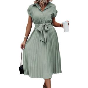 image:imageECOWISH Womens Casual Midi Dresses Solid V Neck Short Sleeve Button Shirt Belted Dress with Pockets for Spring Summer 2026Blight Green