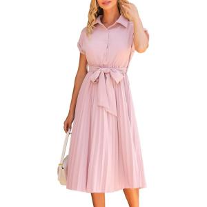 image:imageECOWISH Womens Casual Midi Dresses Solid V Neck Short Sleeve Button Shirt Belted Dress with Pockets for Spring Summer 2026Blight Pink