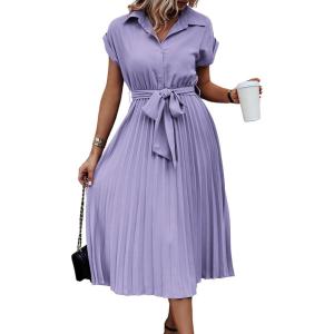 image:imageECOWISH Womens Casual Midi Dresses Solid V Neck Short Sleeve Button Shirt Belted Dress with Pockets for Spring Summer 2026Blilac