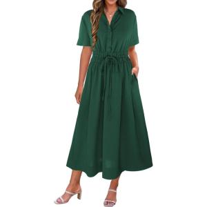 image:imageECOWISH Womens Midi Dress Summer Casual A Line Maxi Shirt Dresses Spring Short Sleeve Button Front V Neck Pockets Work DressGreen