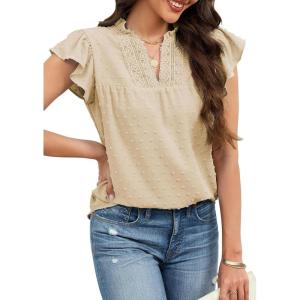 image:imageECOWISH Womens Summer Tops Dressy Casual Ruffle V Neck Short Sleeve Blouses Swiss Dot Flowy Shirt Trendy 2026Beige