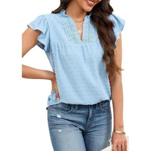 image:imageECOWISH Womens Summer Tops Dressy Casual Ruffle V Neck Short Sleeve Blouses Swiss Dot Flowy Shirt Trendy 2026Light Blue