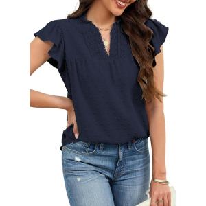 image:imageECOWISH Womens Summer Tops Dressy Casual Ruffle V Neck Short Sleeve Blouses Swiss Dot Flowy Shirt Trendy 2026Navy Blue