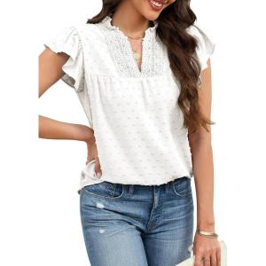 image:imageECOWISH Womens Summer Tops Dressy Casual Ruffle V Neck Short Sleeve Blouses Swiss Dot Flowy Shirt Trendy 2026White