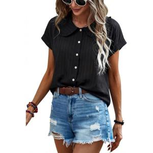 image:imageECOWISH Womens Button Up Shirt  Peter Pan Collar Frilled Short Sleeve Summer Tops Casual Cotton Retro Floral Blouse3498black