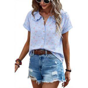 image:imageECOWISH Womens Button Up Shirt  Peter Pan Collar Frilled Short Sleeve Summer Tops Casual Cotton Retro Floral Blouse3498blue Flower