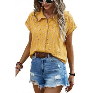 image:imageECOWISH Womens Button Up Shirt  Peter Pan Collar Frilled Short Sleeve Summer Tops Casual Cotton Retro Floral Blouse3498yellow Flower