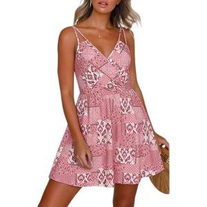 image:imageECOWISH Summer Dresses for Women 2026 VNeck Spaghetti Strap Bowknot Backless Sleeveless Lace Mini Swing Skater Dress3450 Pink