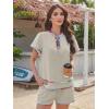 image:imageECOWISH Womens 2 Piece Outfits Casual Summer V Neck Tops Shorts Set Color Block Lounge Sets for Beach VacationBeige