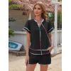 image:imageECOWISH Womens 2 Piece Outfits Casual Summer V Neck Tops Shorts Set Color Block Lounge Sets for Beach VacationDeep Blackv