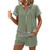 image:imageECOWISH Womens 2 Piece Outfits Casual Summer V Neck Tops Shorts Set Color Block Lounge Sets for Beach VacationArmy Green