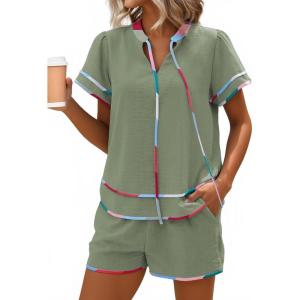 image:imageECOWISH Womens 2 Piece Outfits Casual Summer V Neck Tops Shorts Set Color Block Lounge Sets for Beach VacationArmy Green