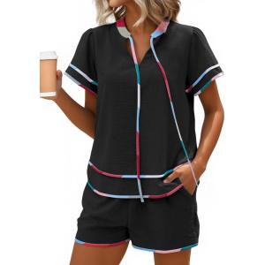 image:imageECOWISH Womens 2 Piece Outfits Casual Summer V Neck Tops Shorts Set Color Block Lounge Sets for Beach VacationBlack