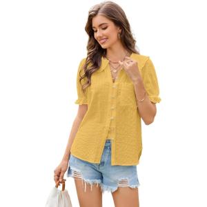 image:imageECOWISH Womens Button Up Shirt  Peter Pan Collar Frilled Short Sleeve Summer Tops Casual Cotton Retro Floral BlouseChartreuse