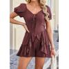 image:imageECOWISH Womens Summer Short Rompers Tie Front V Neck Short Sleeve Ruffle Hem Beach Romper Dress with Pockets 2026Bean Paste