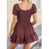 image:imageECOWISH Womens Summer Short Rompers Tie Front V Neck Short Sleeve Ruffle Hem Beach Romper Dress with Pockets 2026Bean Paste
